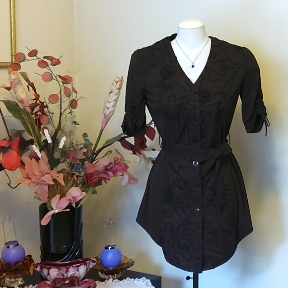 NWOT Women's KAPALUA Dark Brown Short Sleeve V-Neck Mini Shirt Dress Size M 6 8 - Picture 4 of 9